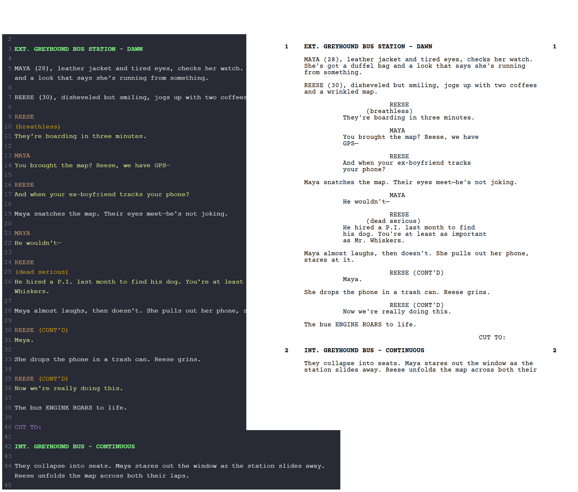 Fountain syntax compared to formatted screenplay
